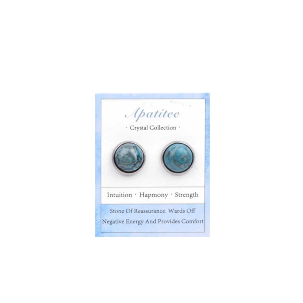 Apatite Crystal Stud Earrings 12mm – Teal Blue Round Studs – Intuition & Strengt